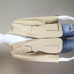 Talbots Silk Cotton Blend Open Front Bracelet Sleeve Jacket Blazer Tan Khaki